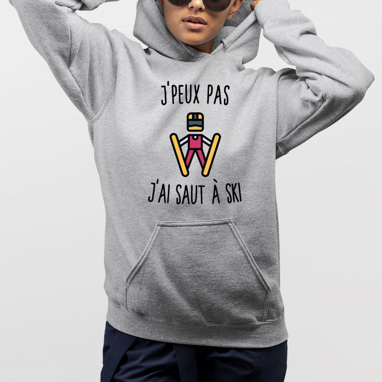 Sweat Capuche Adulte J'peux pas j'ai saut à ski Gris