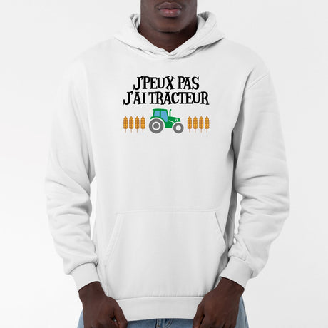 Sweat Capuche Adulte J'peux pas j'ai tracteur Blanc