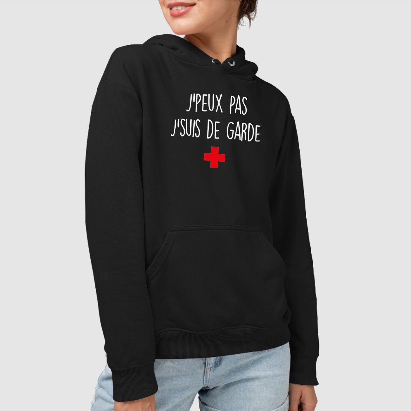 Sweat Capuche Adulte J'peux pas j'suis de garde Noir