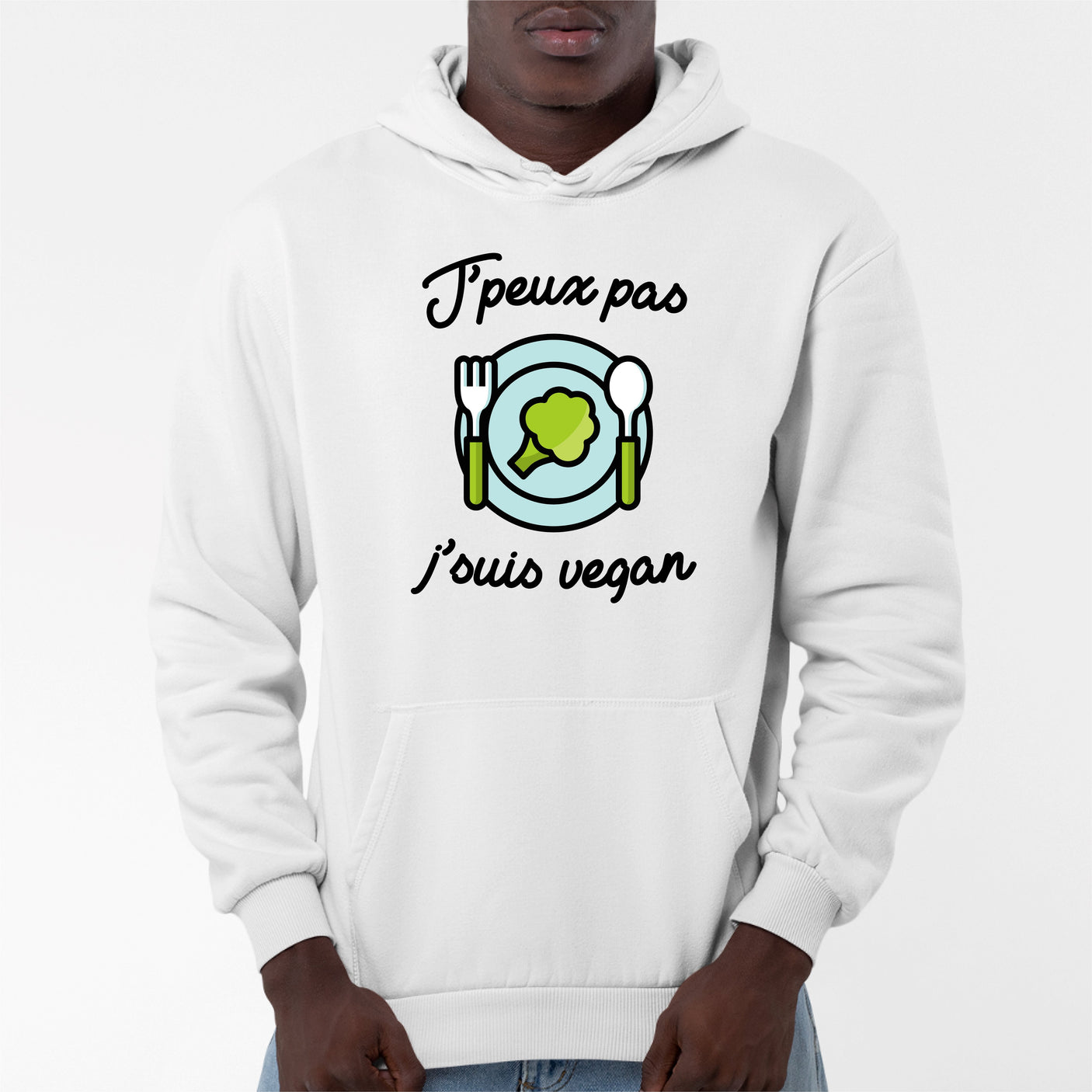 Sweat Capuche Adulte J'peux pas j'suis vegan Blanc