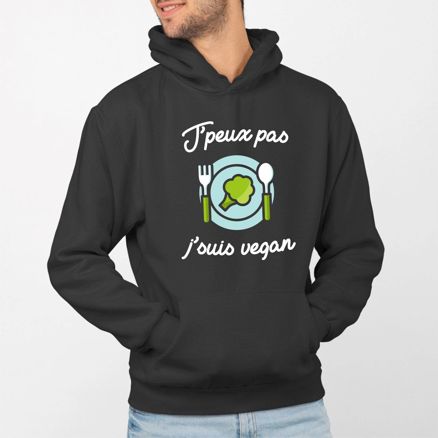 Sweat Capuche Adulte J'peux pas j'suis vegan Noir