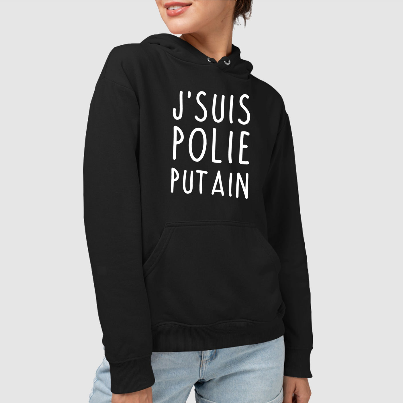 Sweat Capuche Adulte J'suis polie putain Noir