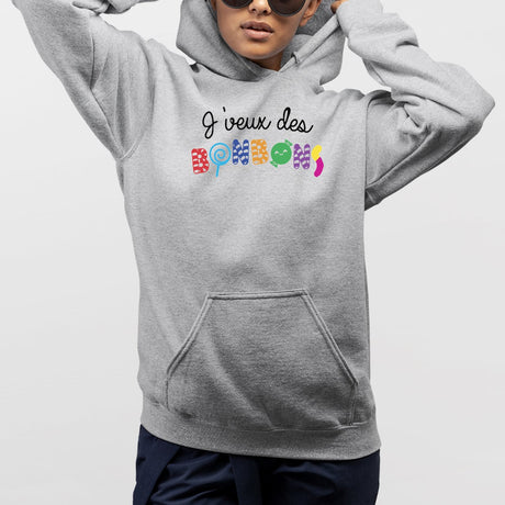 Sweat Capuche Adulte J'veux des bonbons Gris