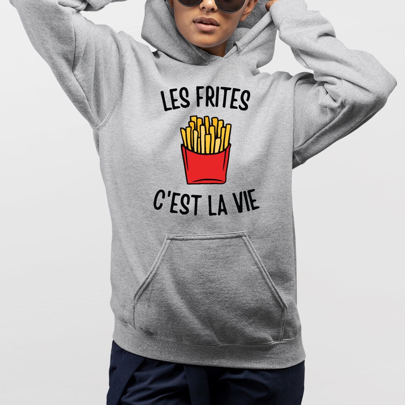 Sweat Capuche Adulte Les frites c'est la vie Gris