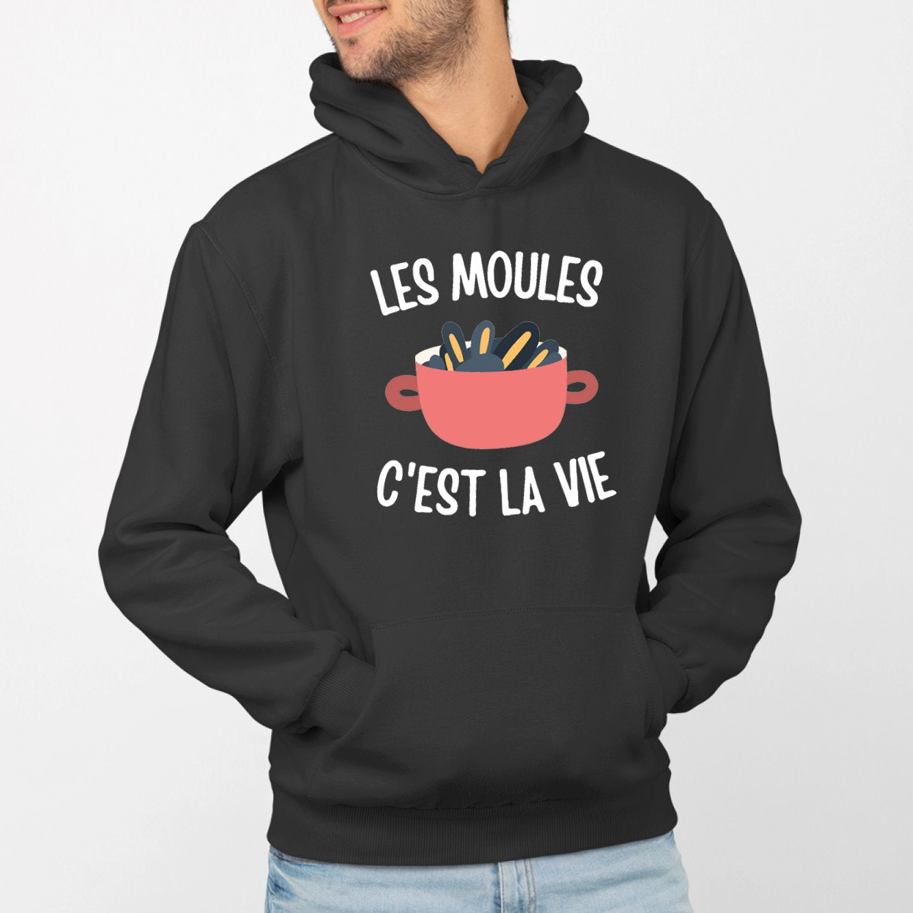 Sweat Capuche Adulte Les moules c'est la vie Noir