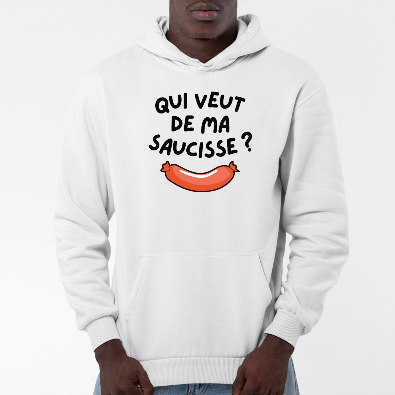 Sweat Capuche Adulte Qui veut de ma saucisse Blanc