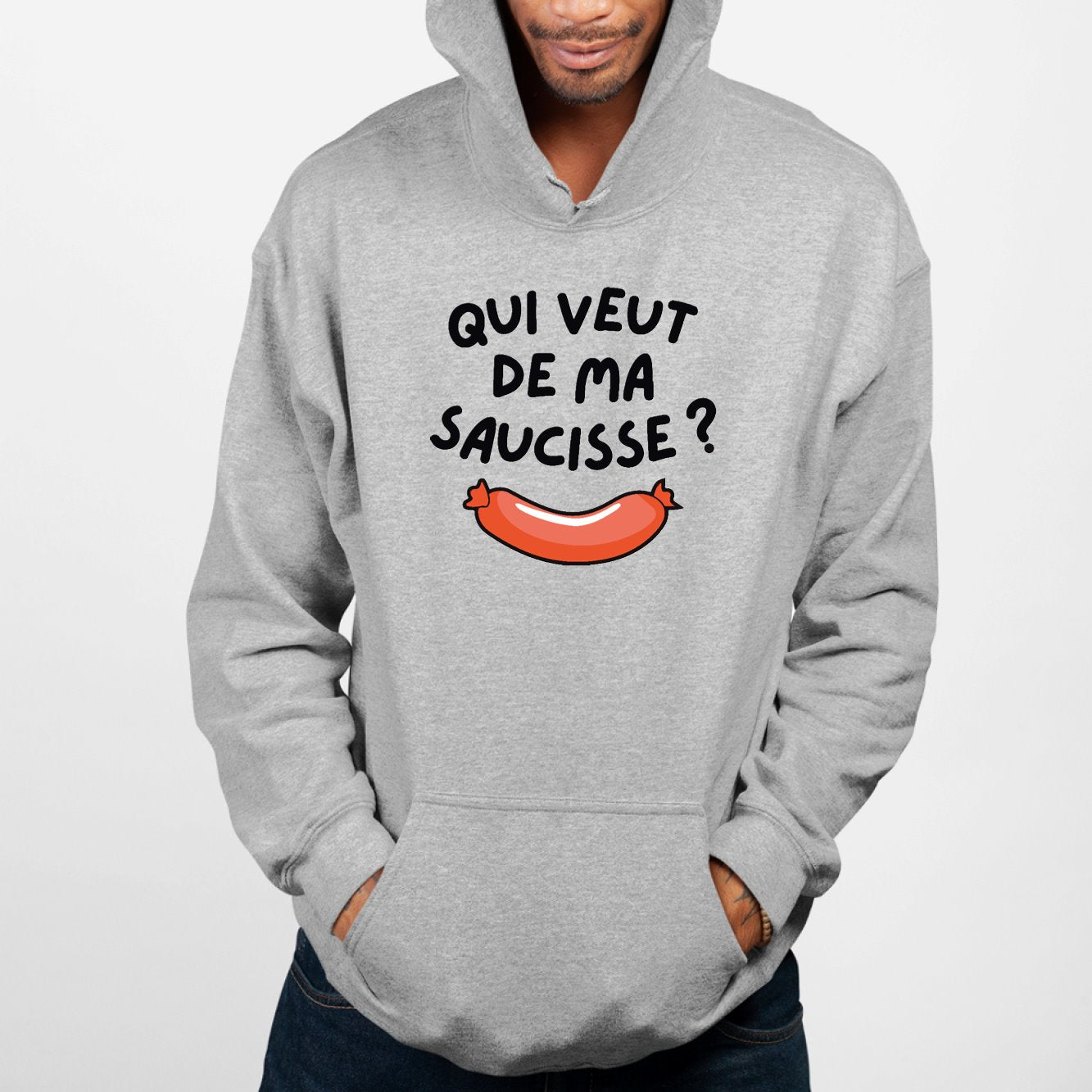 Sweat Capuche Adulte Qui veut de ma saucisse Gris