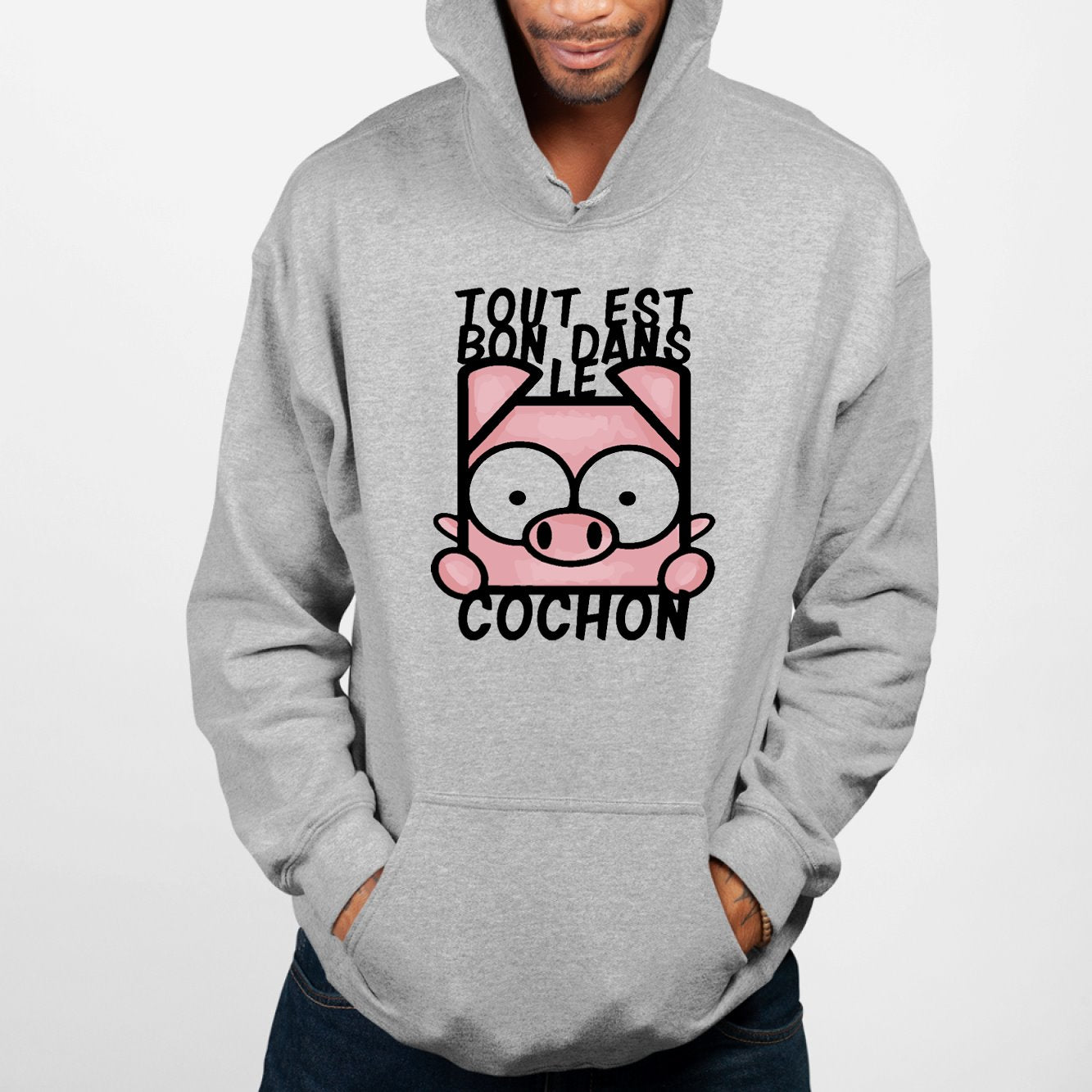 Sweat Capuche Adulte Tout est bon dans le cochon Gris