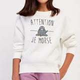 Sweat Enfant Attention je mords Blanc