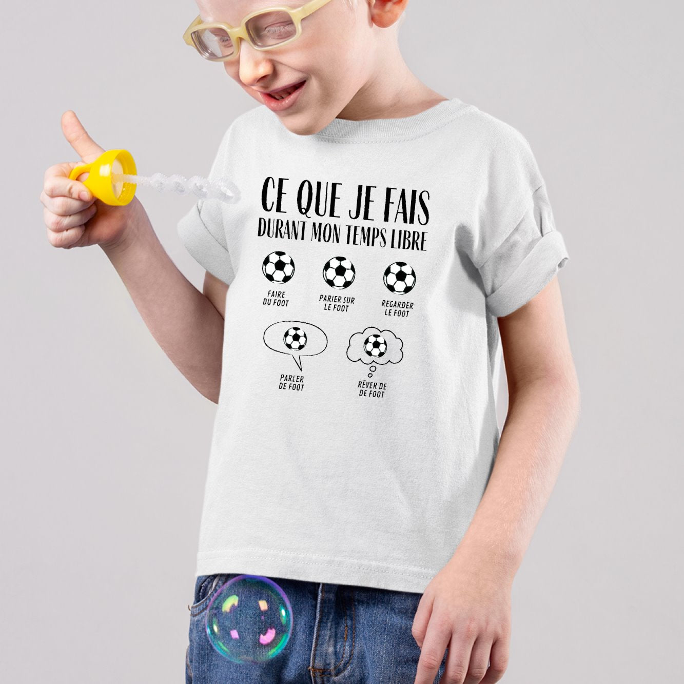 T-Shirt Enfant Ce que je fais durant mon temps libre Foot Blanc