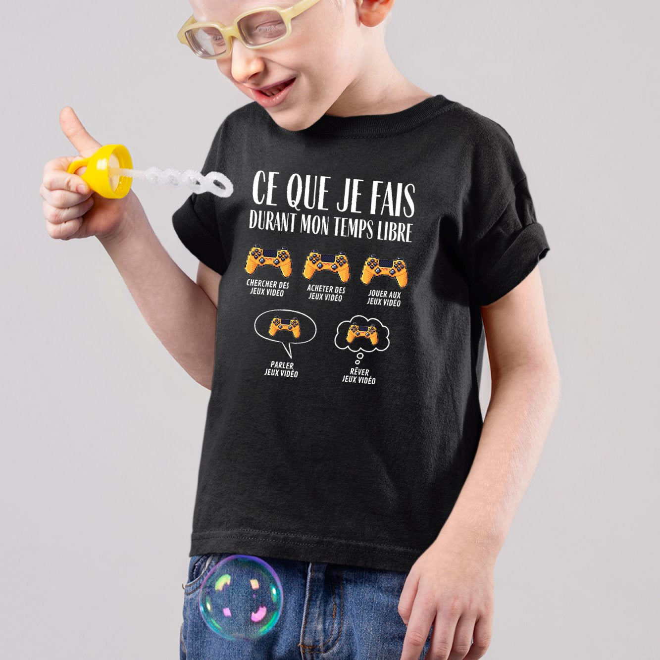 T-Shirt Enfant Ce que je fais durant mon temps libre Jeux vidéo Noir