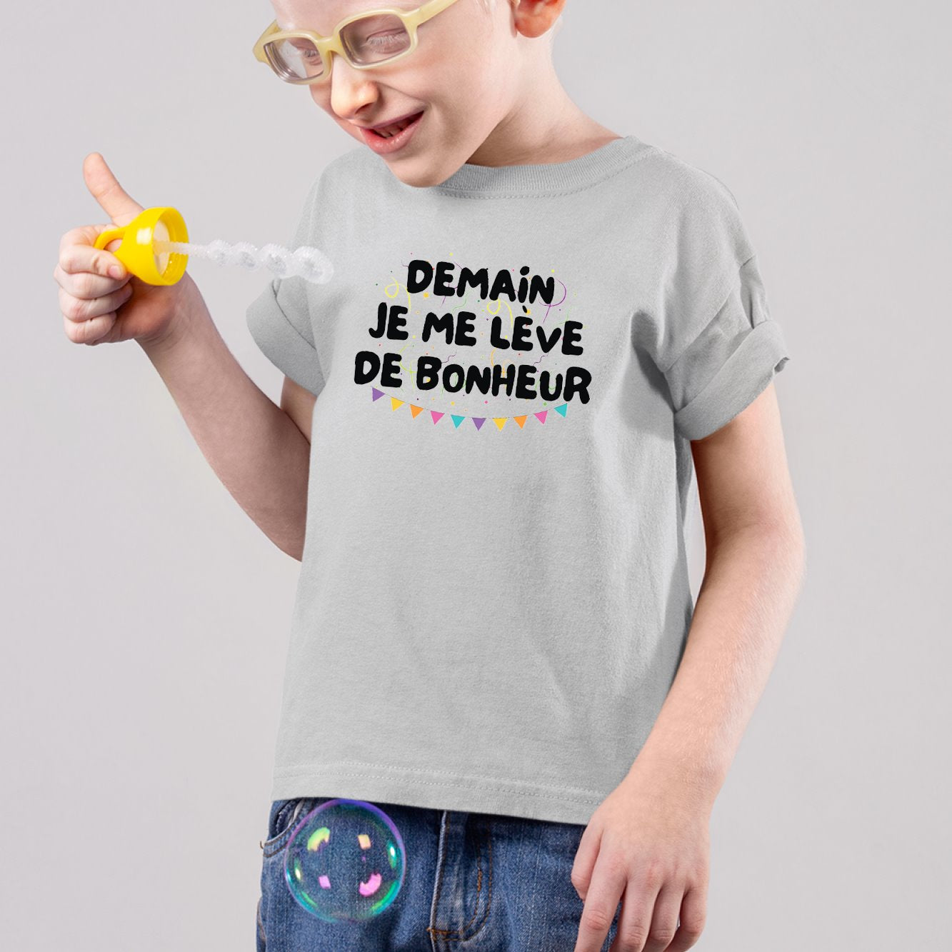 T-Shirt Enfant Demain je me lève de bonheur Gris