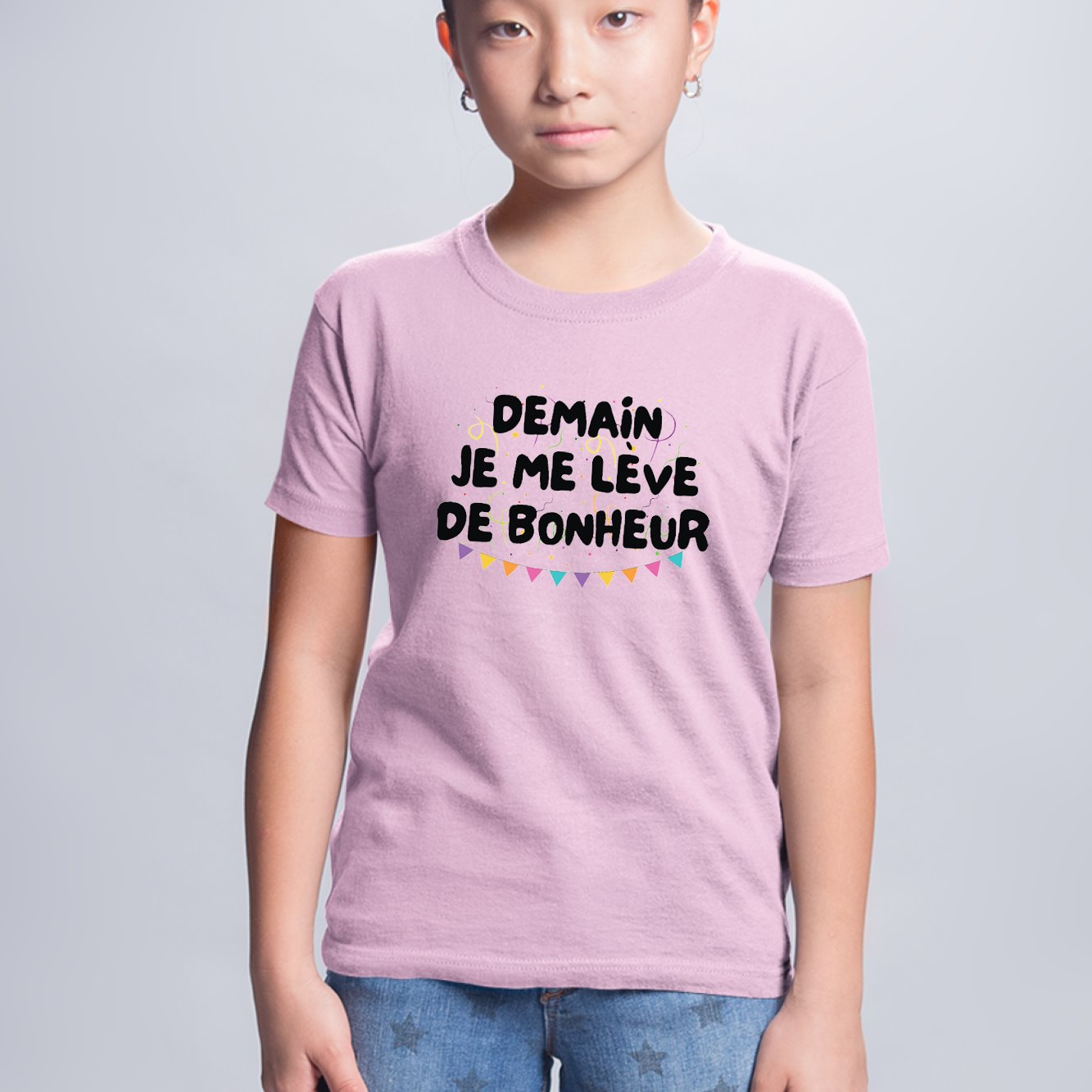 T-Shirt Enfant Demain je me lève de bonheur Rose