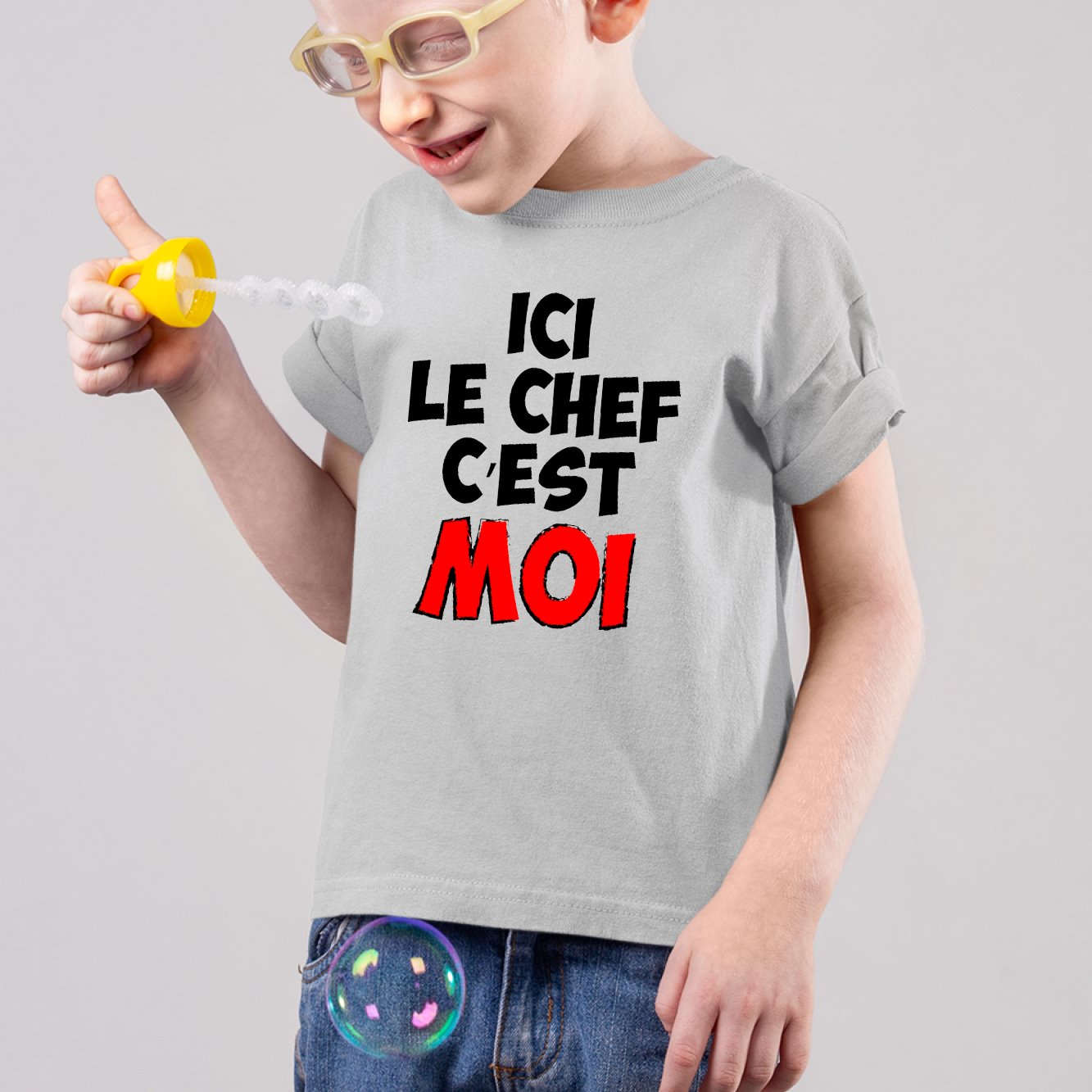 T-Shirt Enfant Ici le chef c'est moi Gris