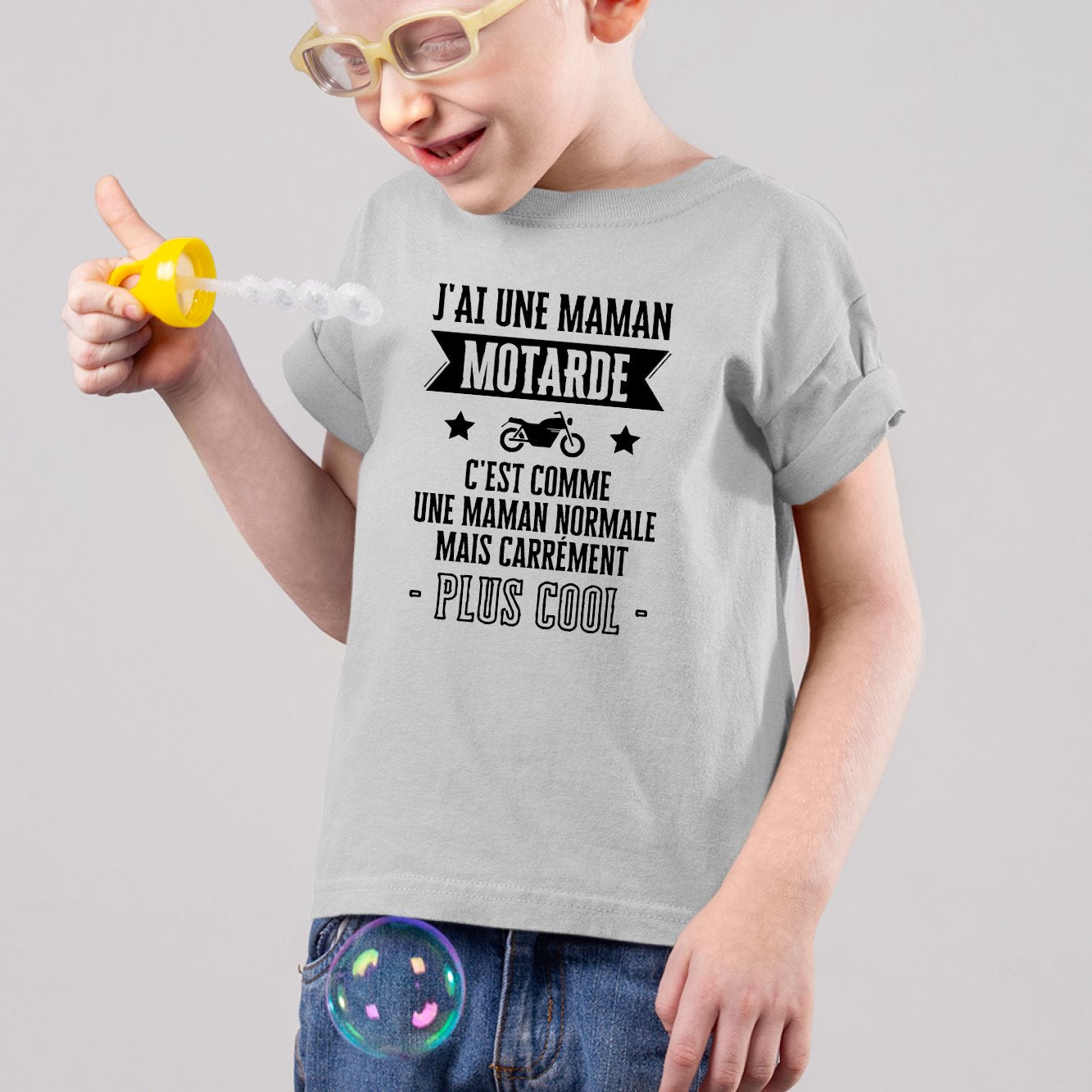 T-Shirt Enfant J'ai une maman motarde Gris