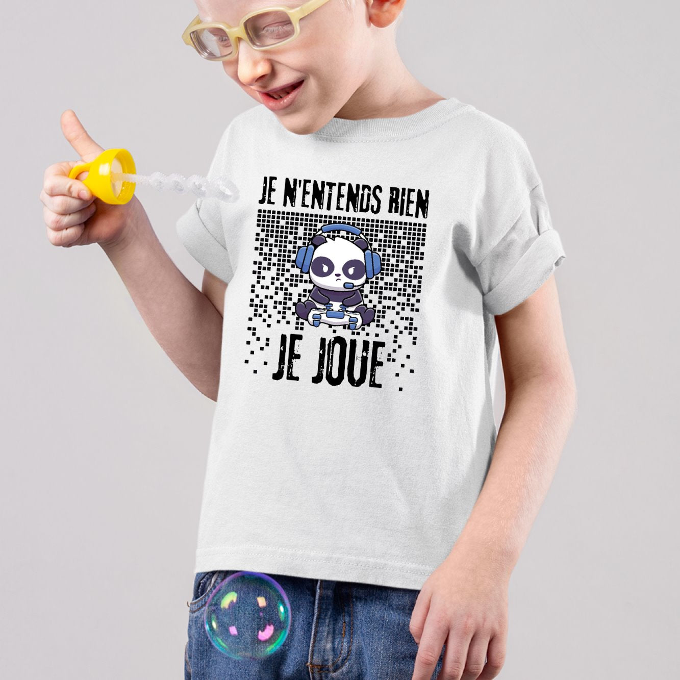 T-Shirt Enfant Je n'entends rien je joue Blanc