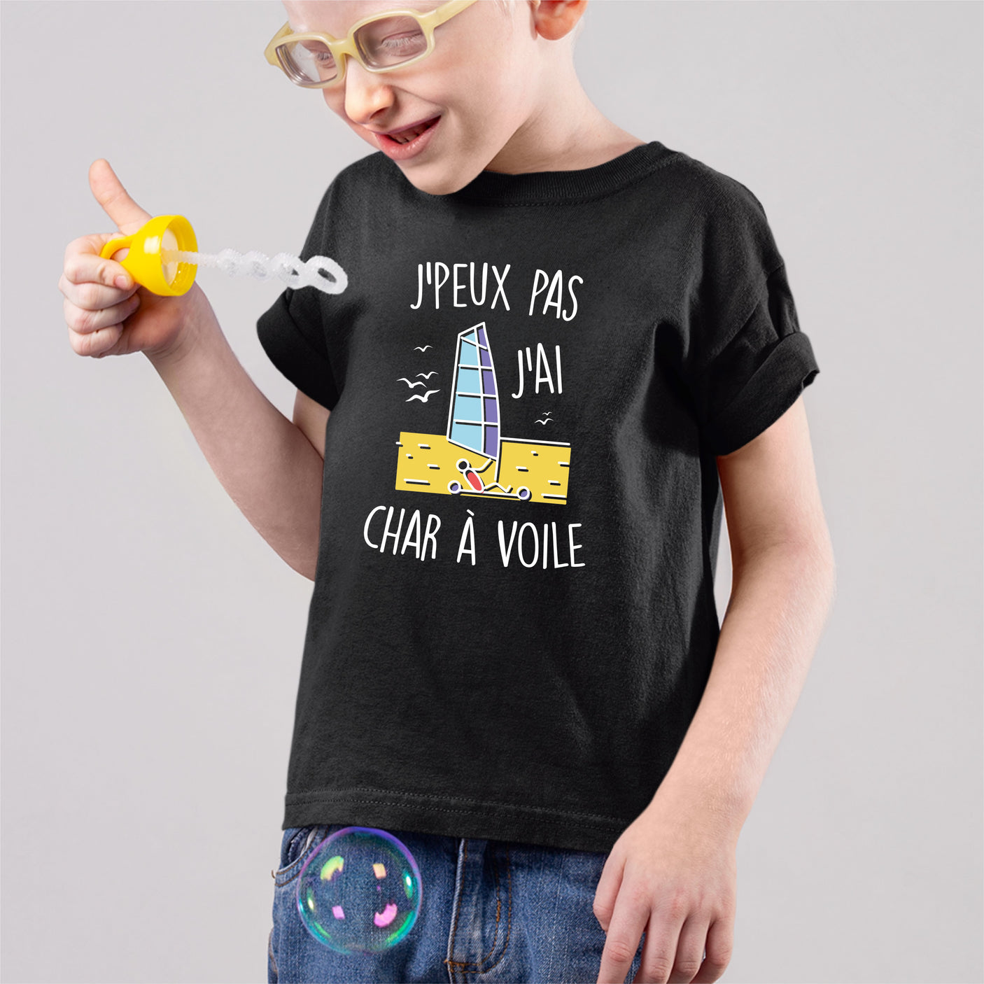 T-Shirt Enfant J'peux pas j'ai char à voile Noir