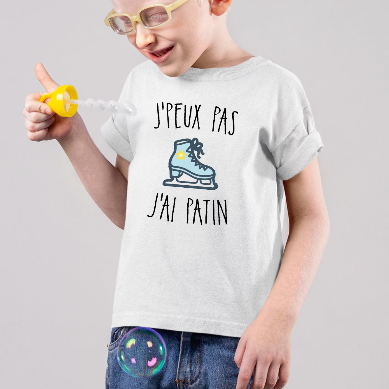 T-Shirt Enfant J'peux pas j'ai patin Blanc