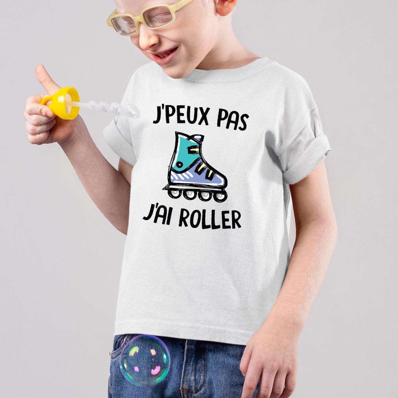 T-Shirt Enfant J'peux pas j'ai roller Blanc