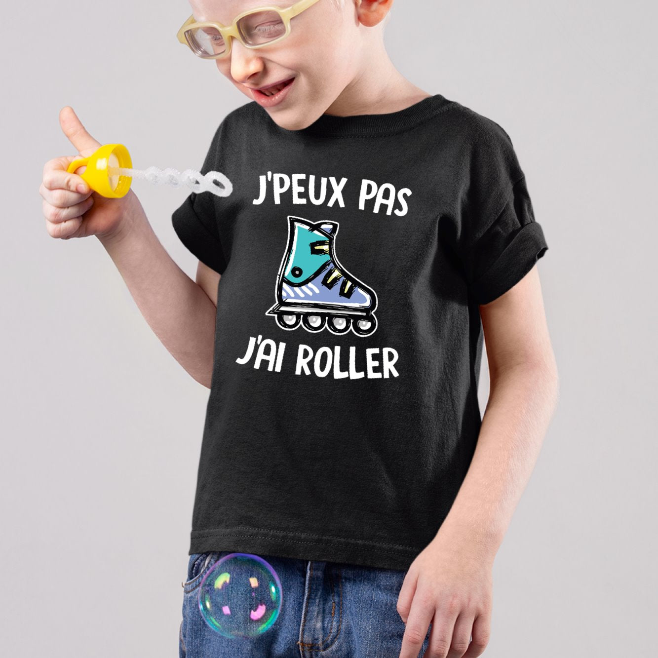 T-Shirt Enfant J'peux pas j'ai roller Noir