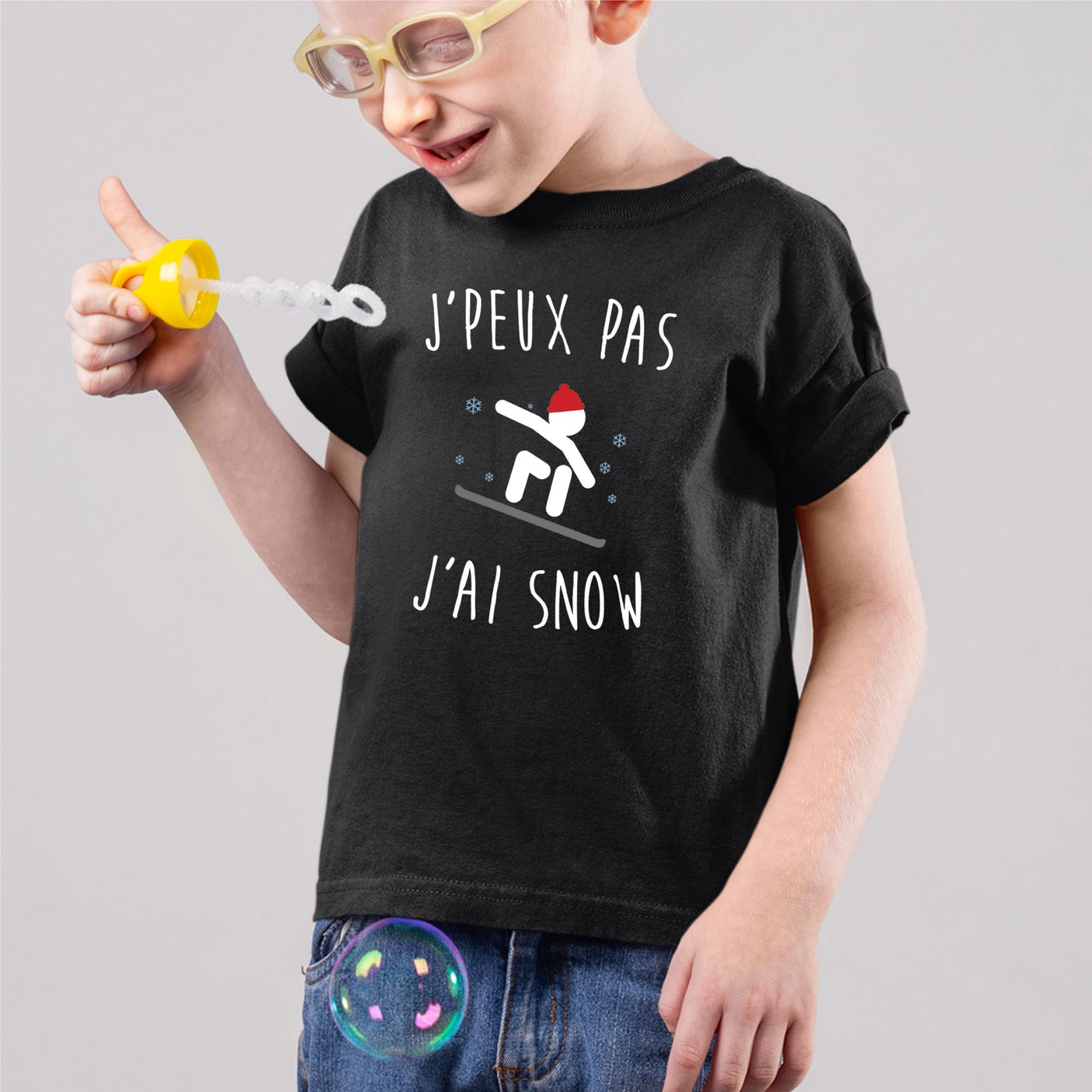 T-Shirt Enfant J'peux pas j'ai snow Noir