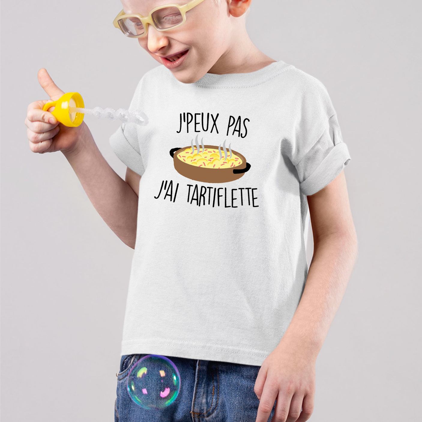 T-Shirt Enfant J'peux pas j'ai tartiflette Blanc