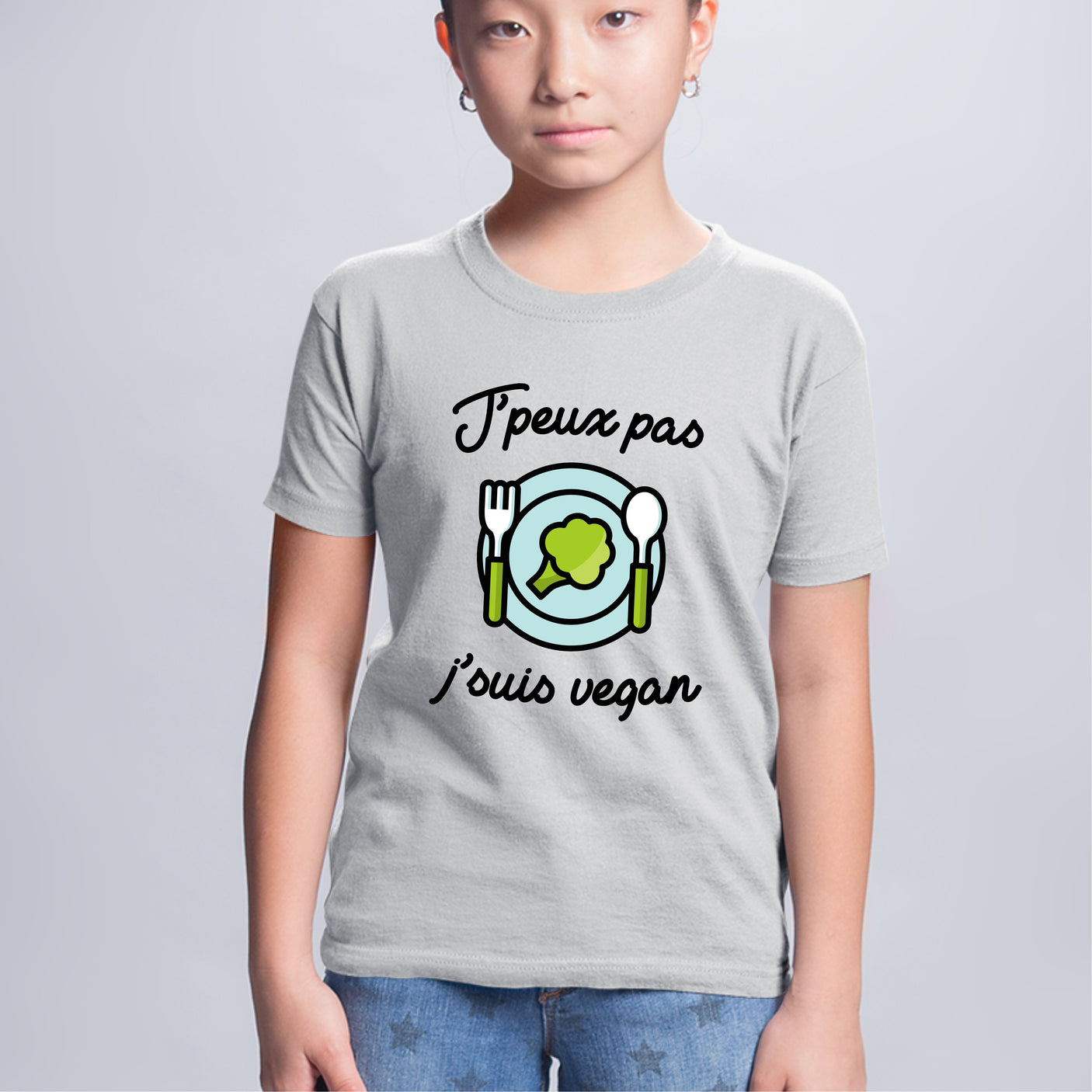 T-Shirt Enfant J'peux pas j'suis vegan Gris