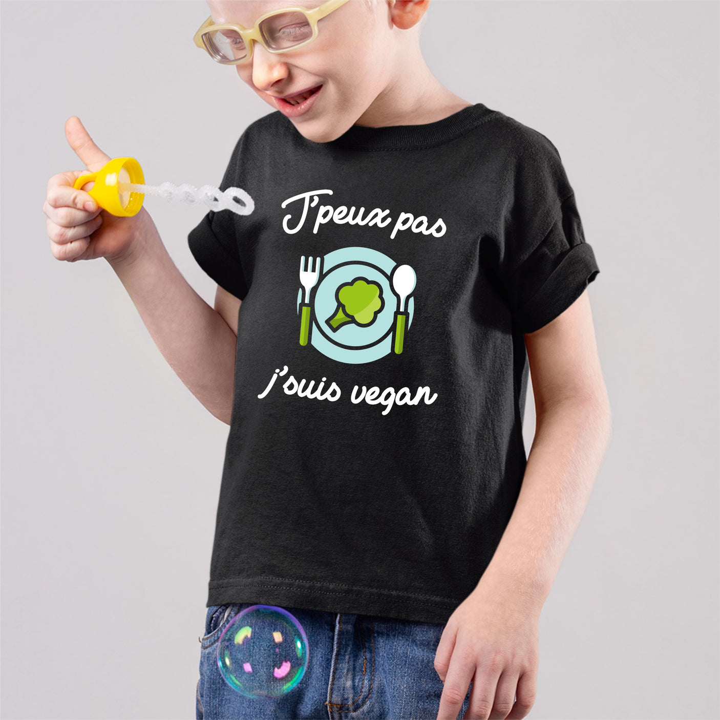 T-Shirt Enfant J'peux pas j'suis vegan Noir