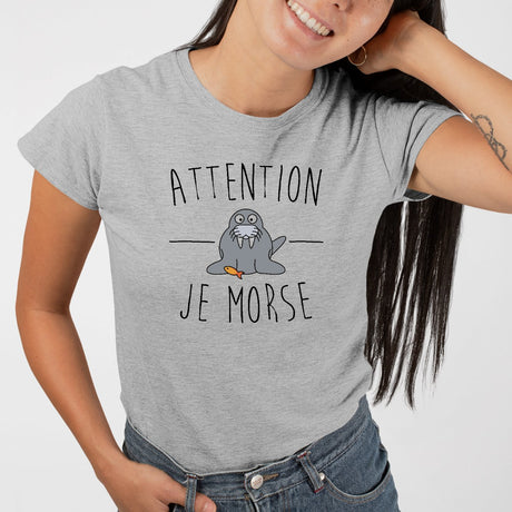 T-Shirt Femme Attention je mords Gris