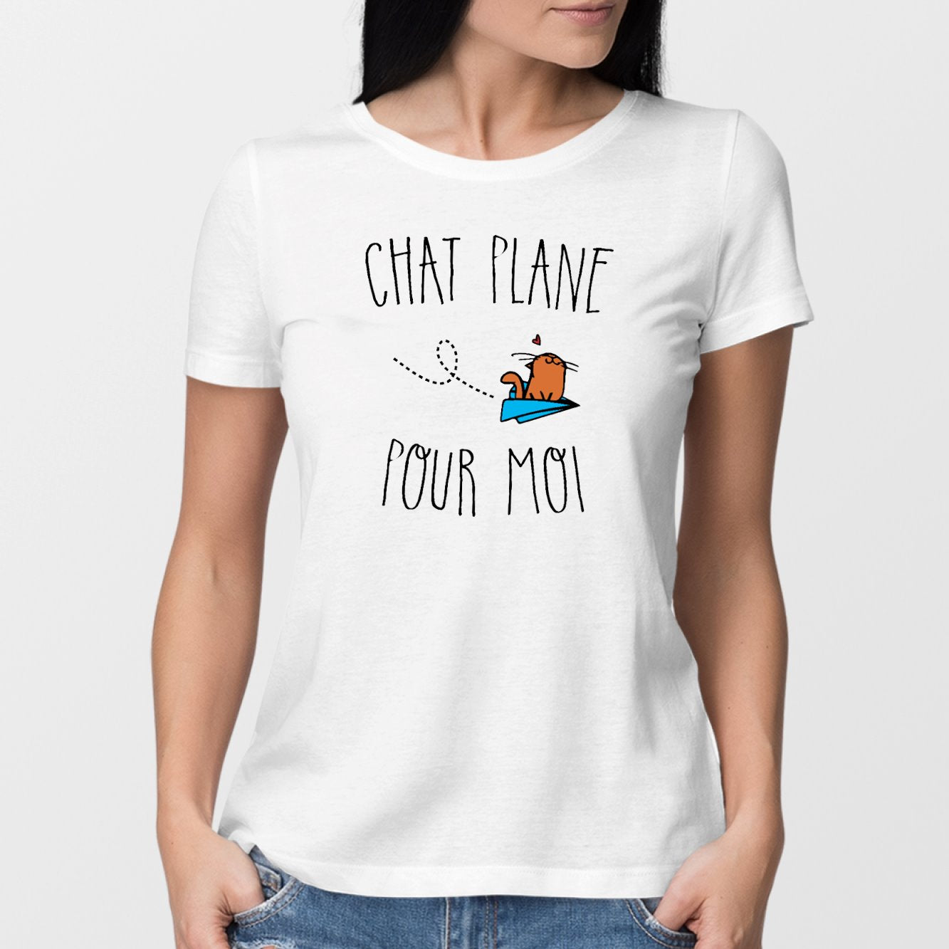 T-Shirt Femme Chat plane pour moi Blanc