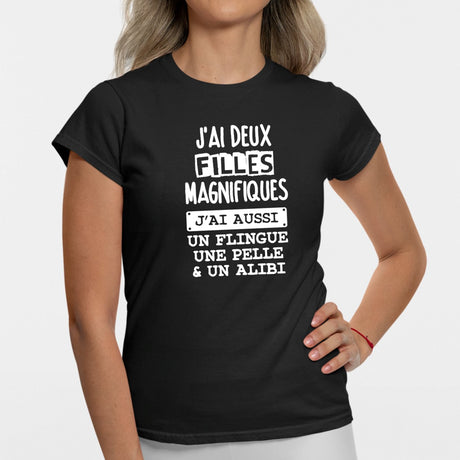 T-Shirt Femme J'ai deux filles magnifiques, flingue pelle alibi Noir