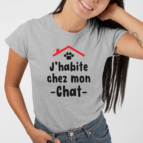 T-Shirt Femme J'habite chez mon chat Gris