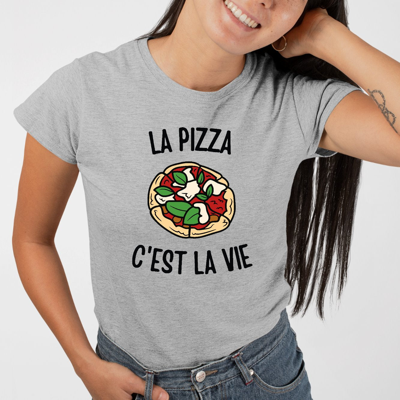 T-Shirt Femme La pizza c'est la vie Gris