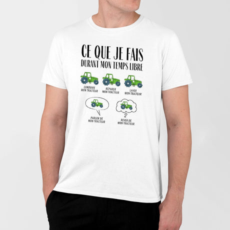 T-Shirt Homme Ce que je fais durant mon temps libre Tracteur Blanc