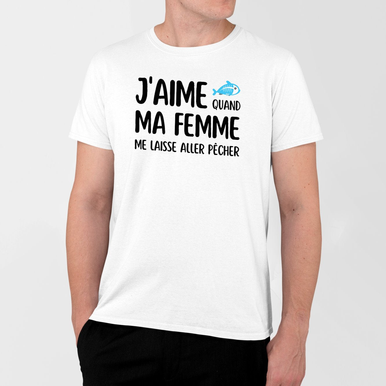 T-Shirt Homme J'aime quand ma femme me laisse aller pêcher Blanc