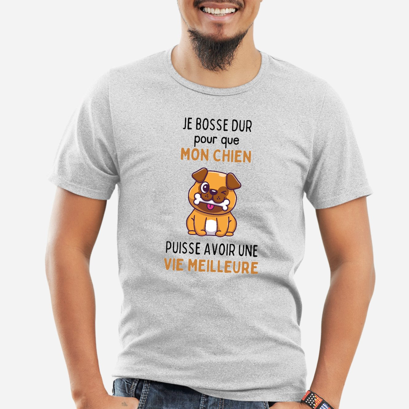 T-Shirt Homme Je bosse dur pour mon chien Gris