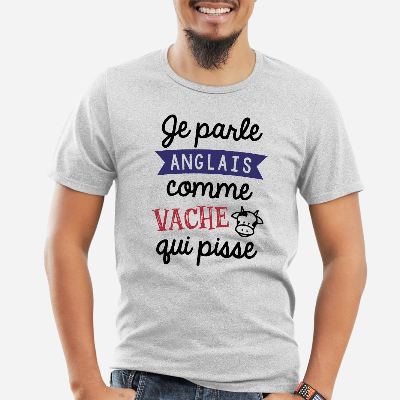 T-Shirt Homme Je parle anglais comme vache qui pisse Gris