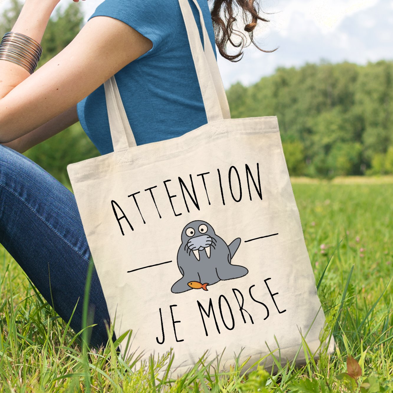 Tote bag Attention je mords Blanc