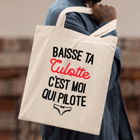 Tote bag Baisse ta culotte c'est moi qui pilote Blanc