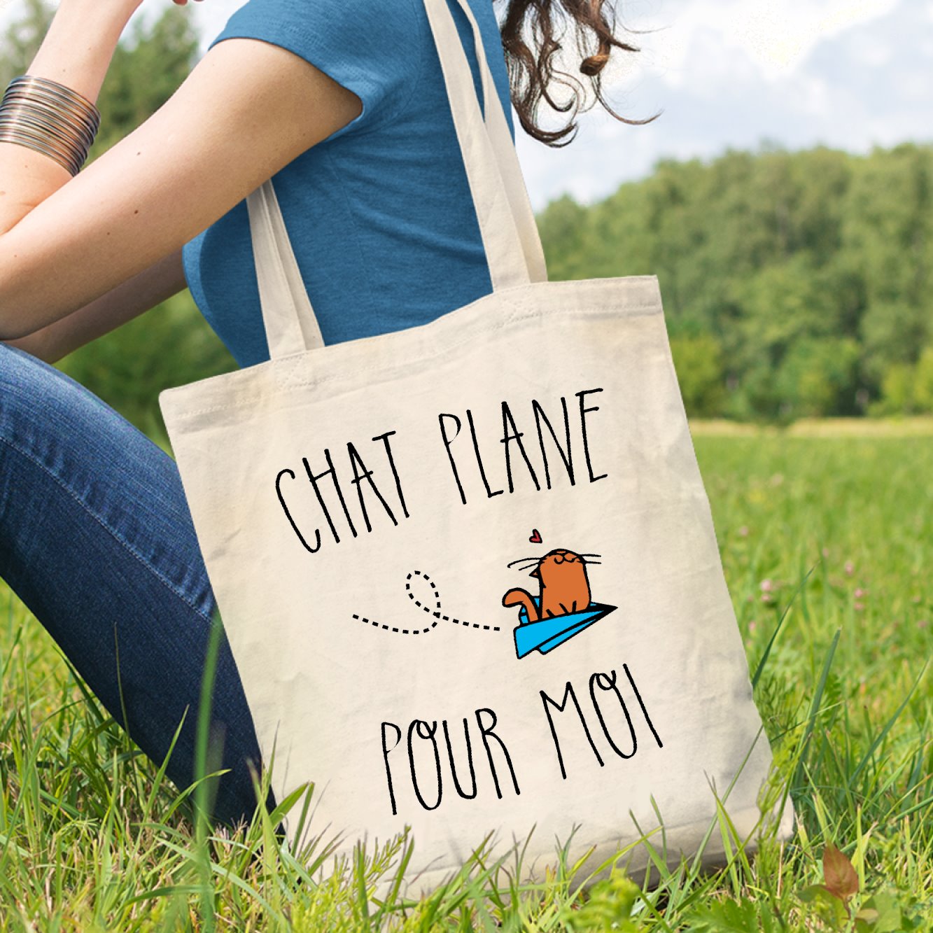 Tote bag Chat plane pour moi Beige