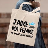 Tote bag J'aime quand ma femme me laisse aller pêcher Blanc