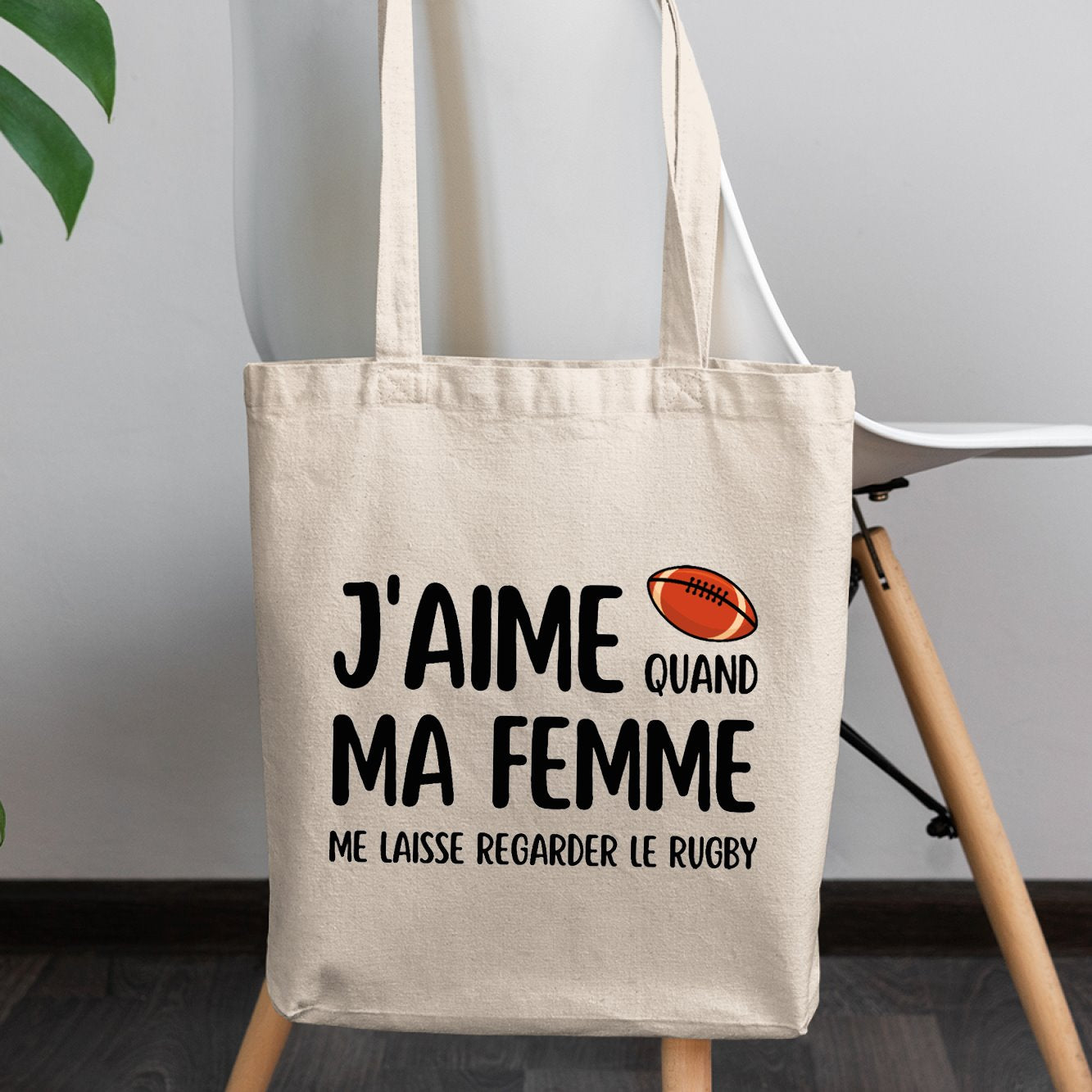 Tote bag J'aime quand ma femme me laisse regarder le rugby Blanc