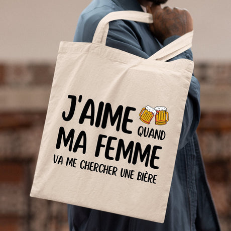 Tote bag J'aime quand ma femme va me chercher une bière Blanc