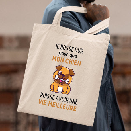 Tote bag Je bosse dur pour mon chien Beige