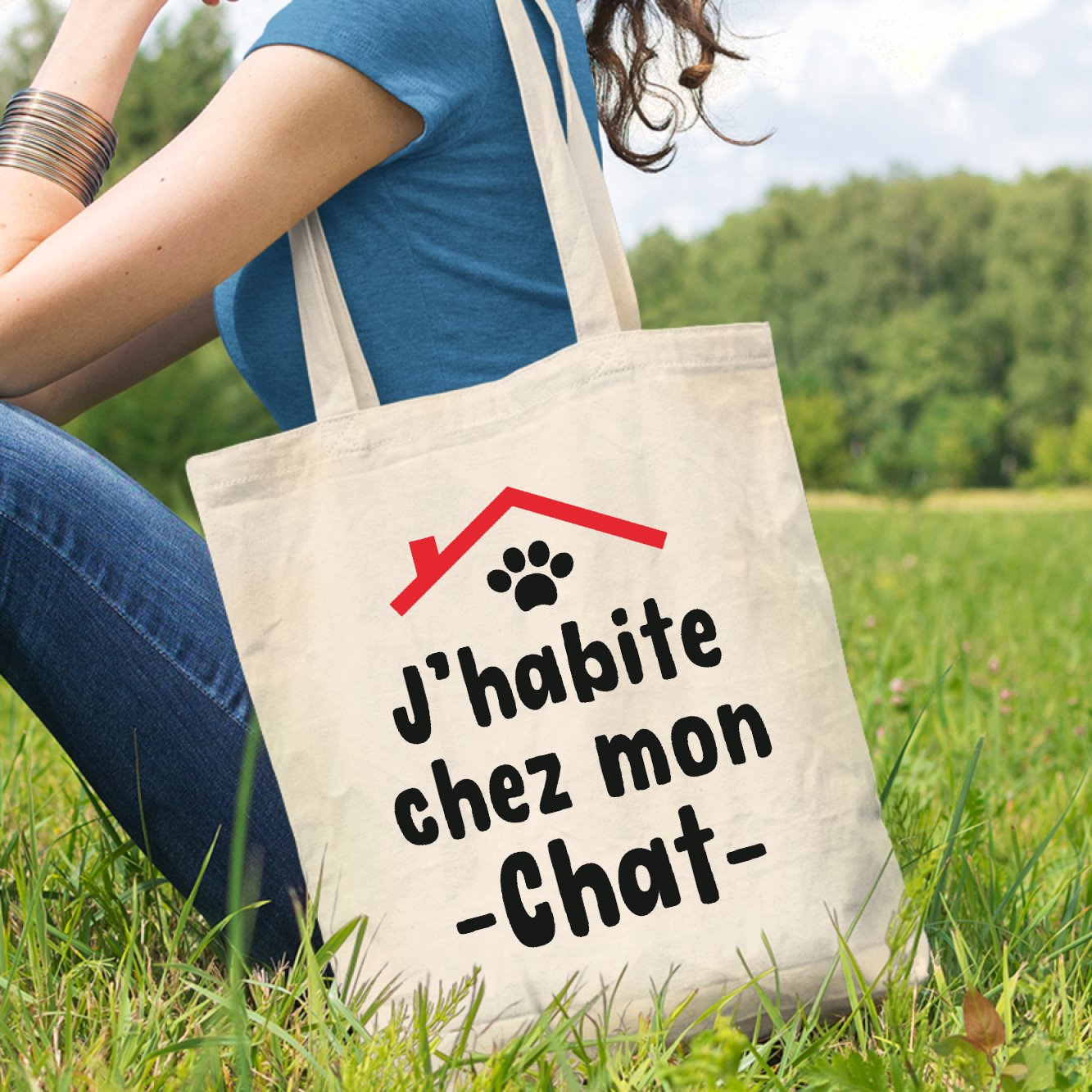 Tote bag J'habite chez mon chat Beige