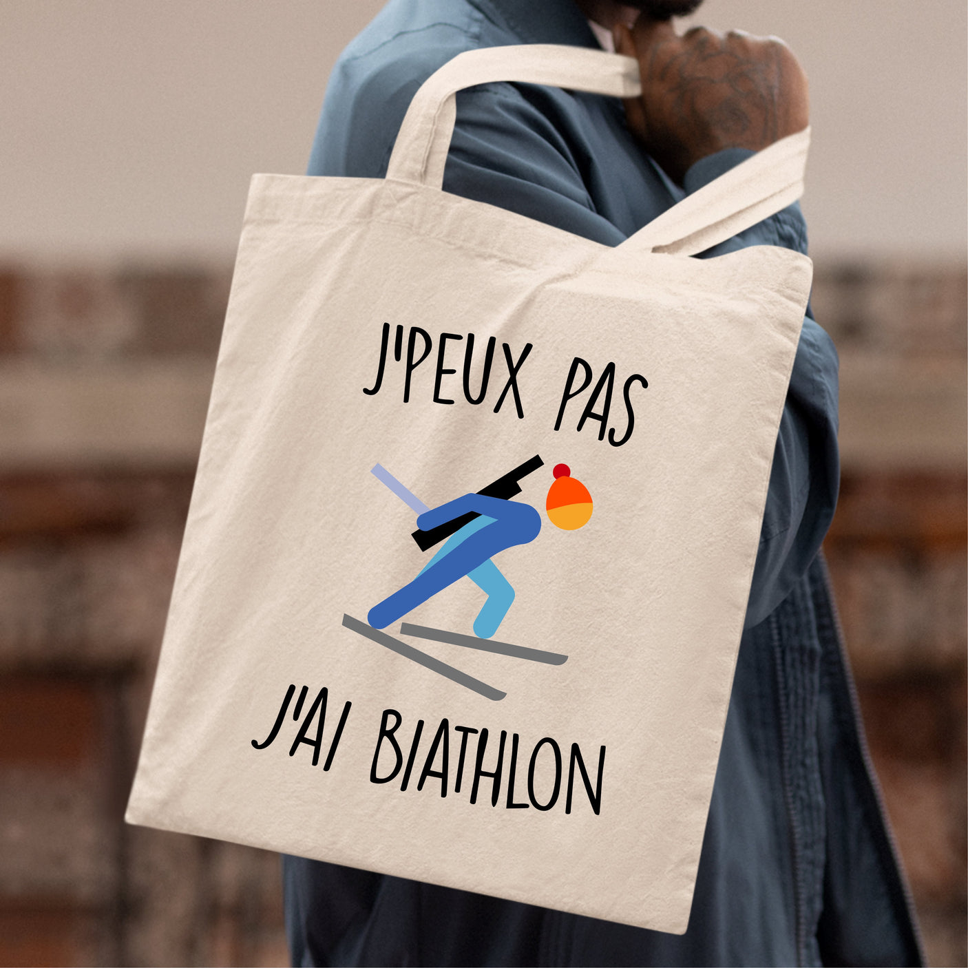 Tote bag J'peux pas j'ai biathlon Blanc