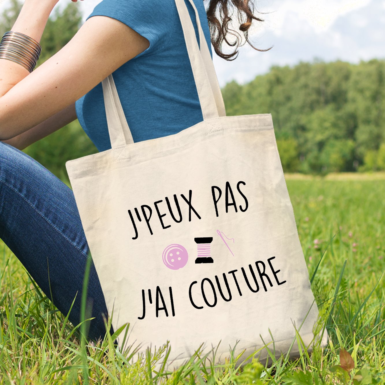 Tote bag J'peux pas j'ai couture Blanc