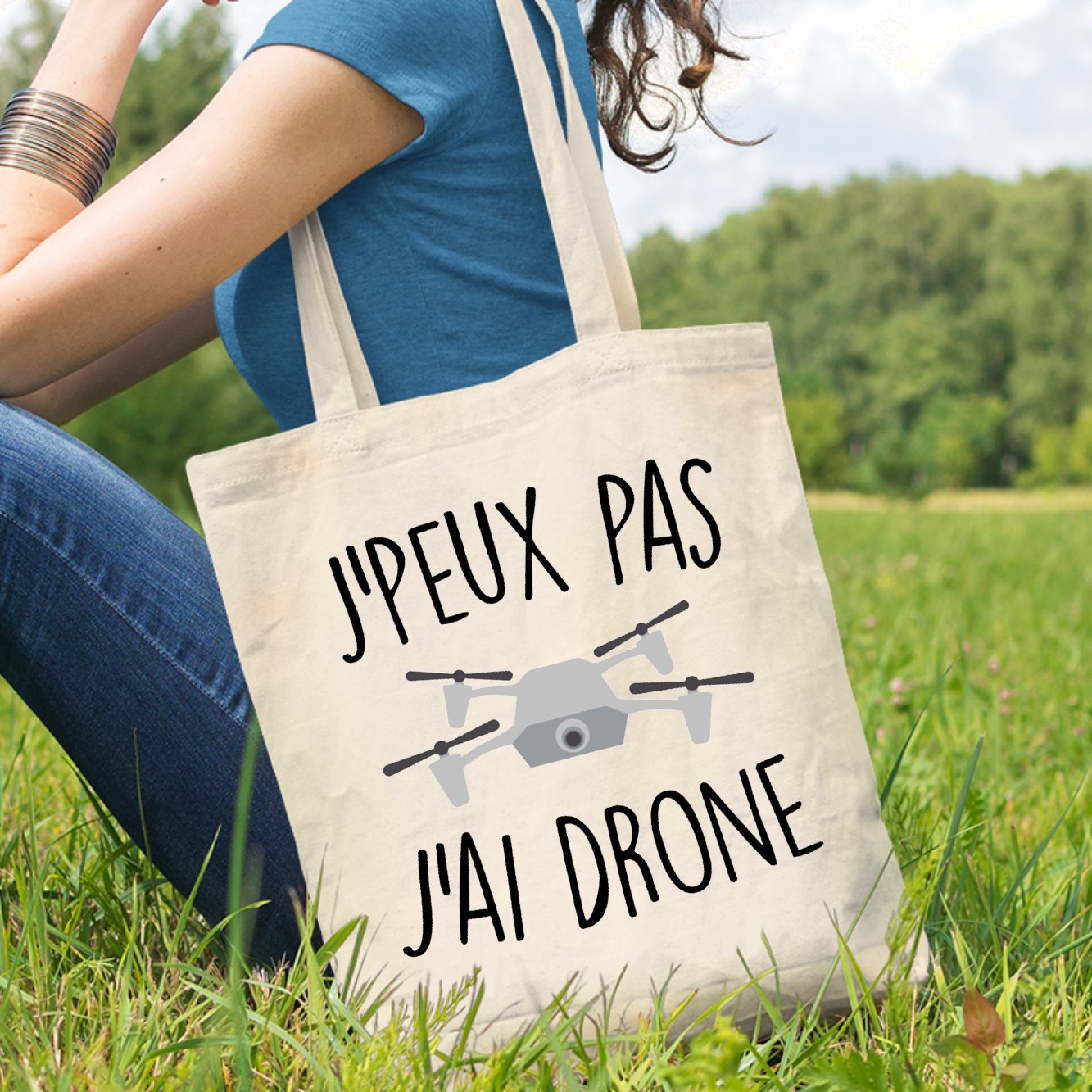 Tote bag J'peux pas j'ai drone Blanc