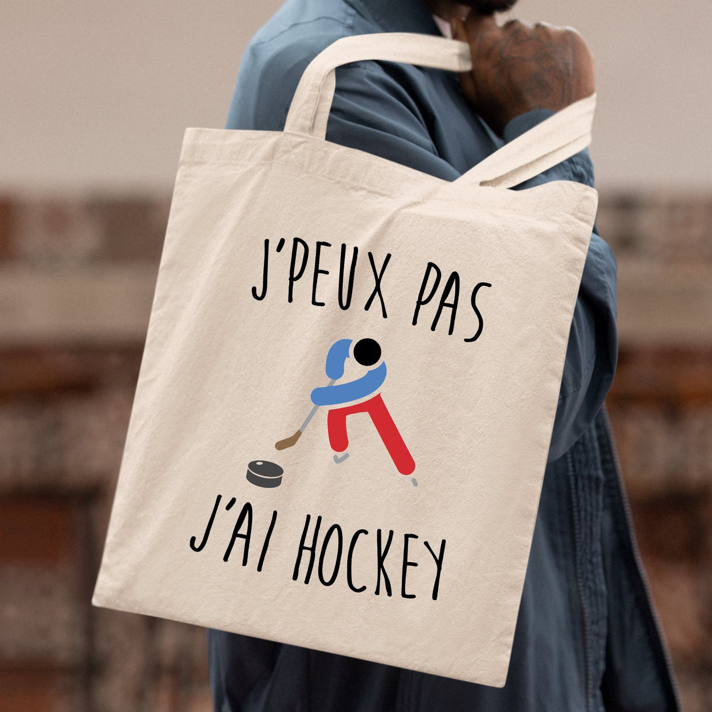 Tote bag J'peux pas j'ai hockey Blanc