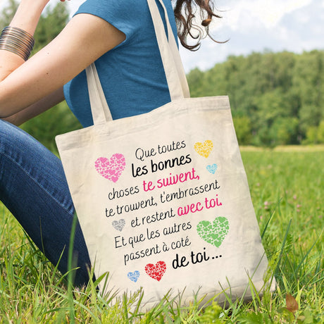 Tote bag Message motivant Les bonnes choses Beige